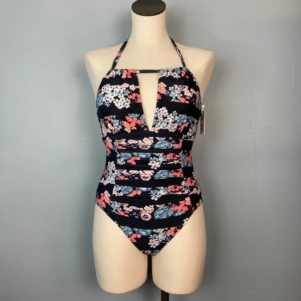 𝅺cupshe Ice Shards Shirring Halter Tie One Piece Swimsuit Size S Keyhole Floral